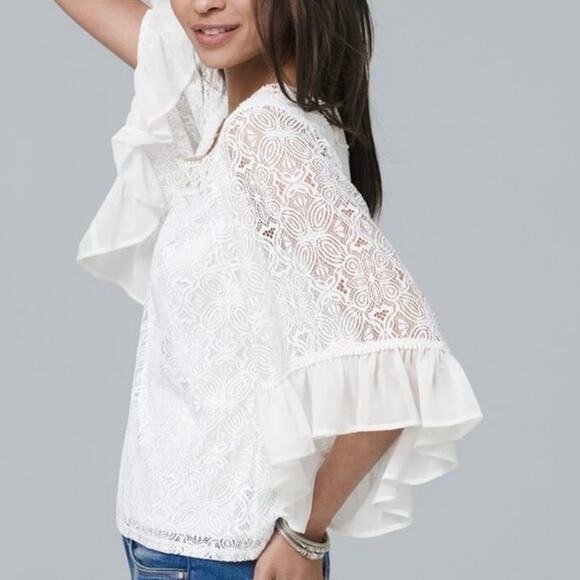 White House Black Market White Bell Sleeve Lace Square Neck Blouse Size XS - Picture 16 of 16